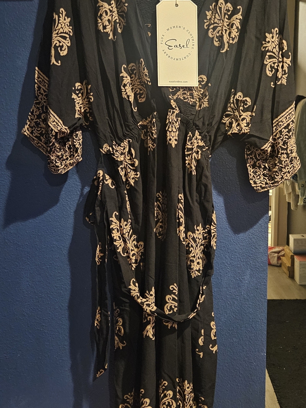 Easel Black Maxi Romper, Pants with Beige Scroll Motif